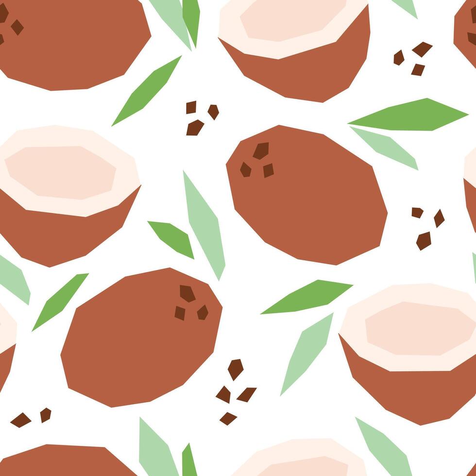 Seamless pattern with coconut, leaves and abstract elements. Tropical fruits background isolated on white. Whole and half coconut cartoon print for fabric, paper, design vector