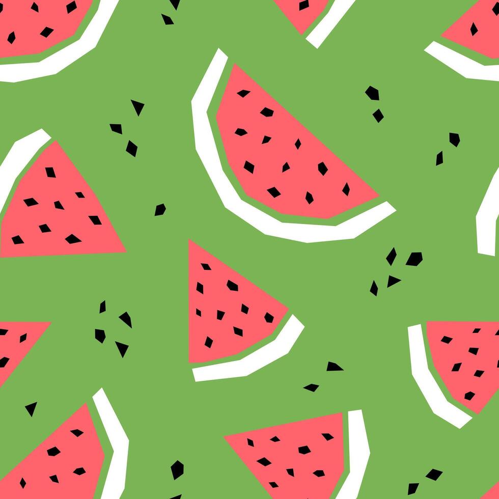 Watermelon cartoon seamless pattern. Tropical fruits background isolated on green. Watermelon slice with abstract element geometric print for fabric, paper, design. vector
