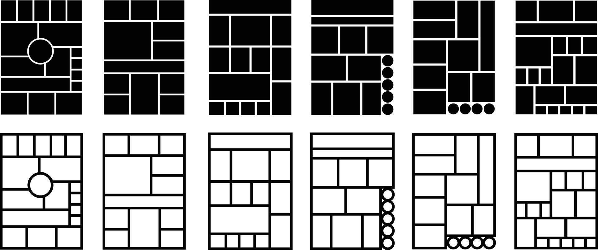 Mockup collage for photo or presentation compositions with template frame minimalist icon in flat line set. Mood Board grid for apps or web. Photo album page isolated on vector