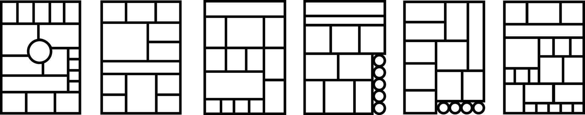 Mockup collage for photo or presentation compositions with template frame minimalist icon in line set. Mood Board grid for apps or web. Photo album page isolated on vector