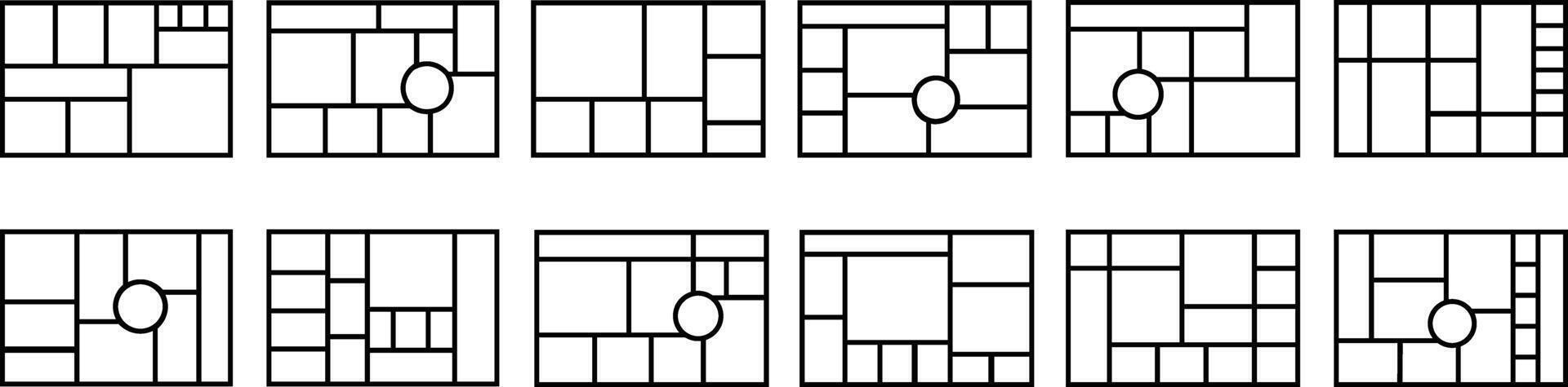 Mockup collage for photo or presentation compositions with template frame minimalist icon in line set. Mood Board grid for apps or web. Photo album page isolated on vector