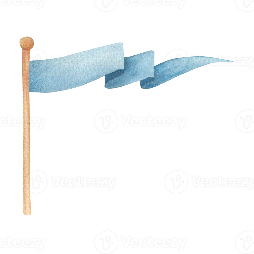 Watercolor illustration of a waving flag on the flagpole in blue. Long medieval flag, isolated. Hand drawn, sketch png
