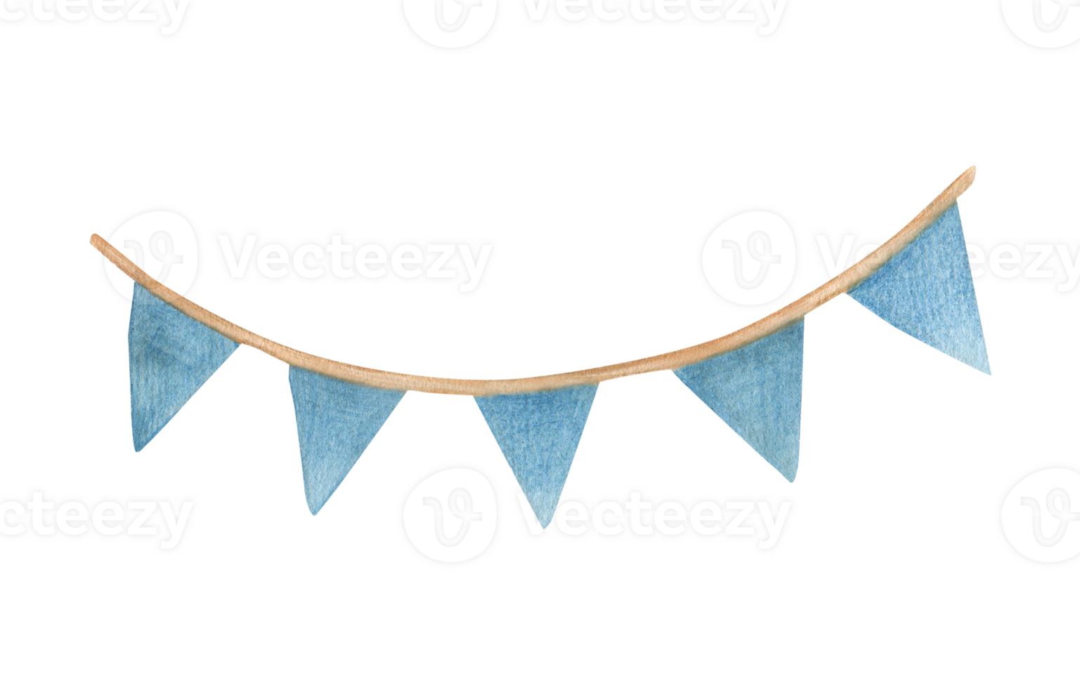 Watercolor illustration of a waving garland of flags in blue. Long medieval flag, isolated. Hand drawn, sketch png
