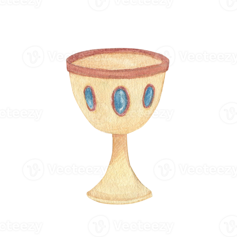 Watercolor illustration of golden medieval drink cup decorated with precious blue stones. Hand drawn sketch. Isolated png