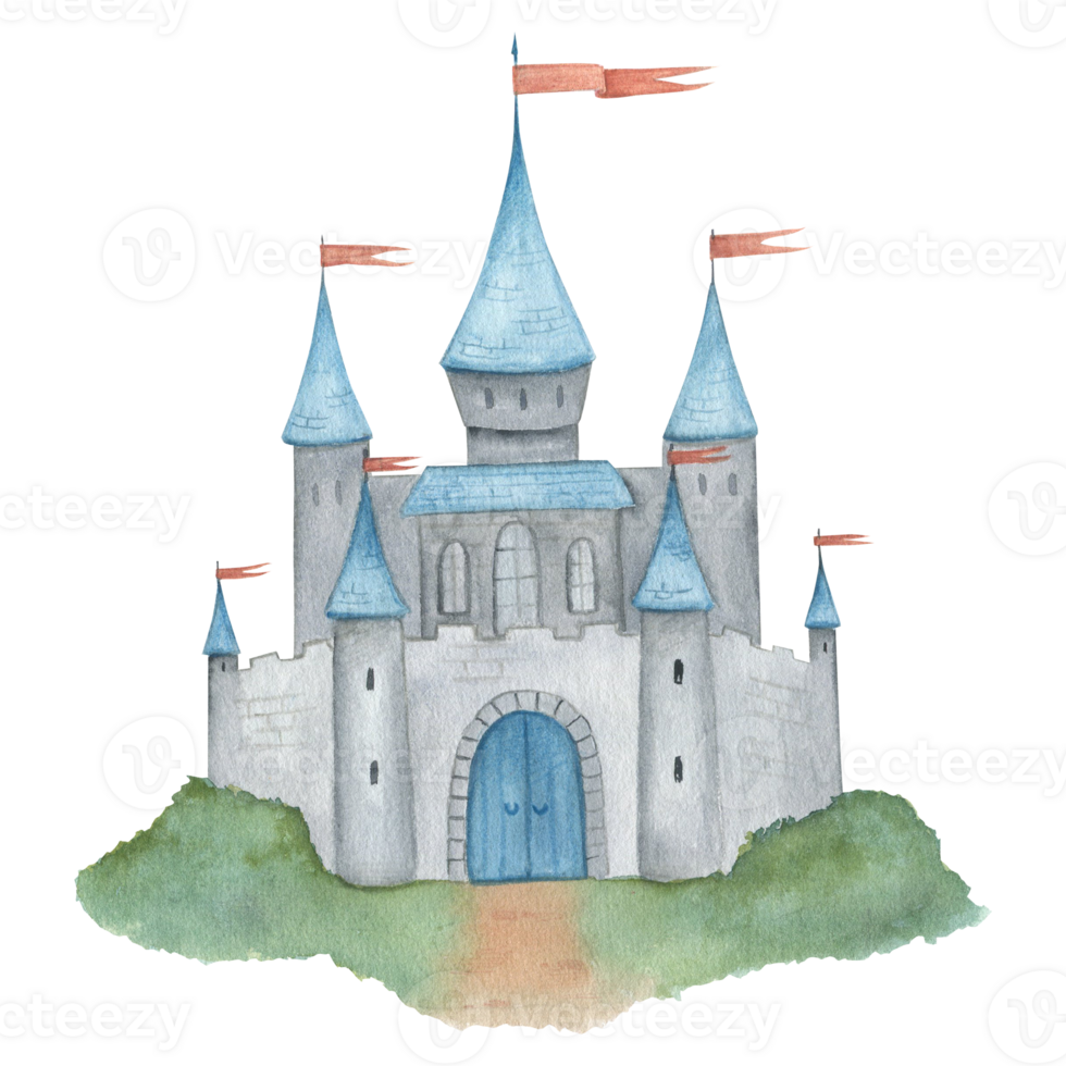 Watercolor illustration of a knight castle in blue and gray. Medieval fantasy castle, isolated. Hand drawn, sketch png