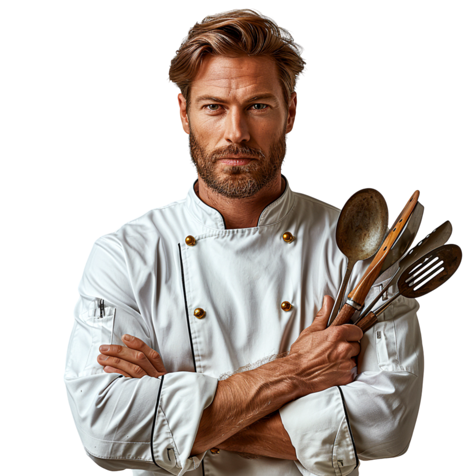 Skilled Chef in Uniform with Kitchen Utensils png