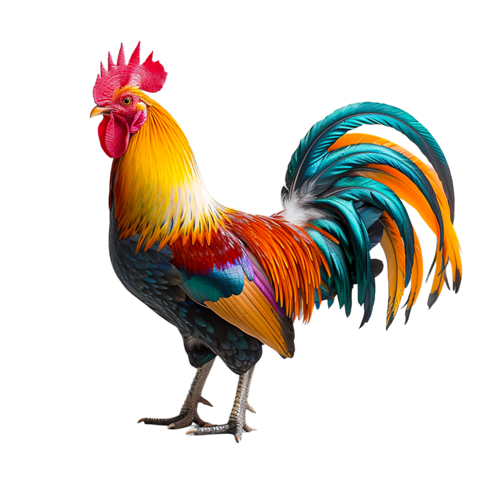 Regal Rooster Showing Vibrant Plumage in Contrasting png