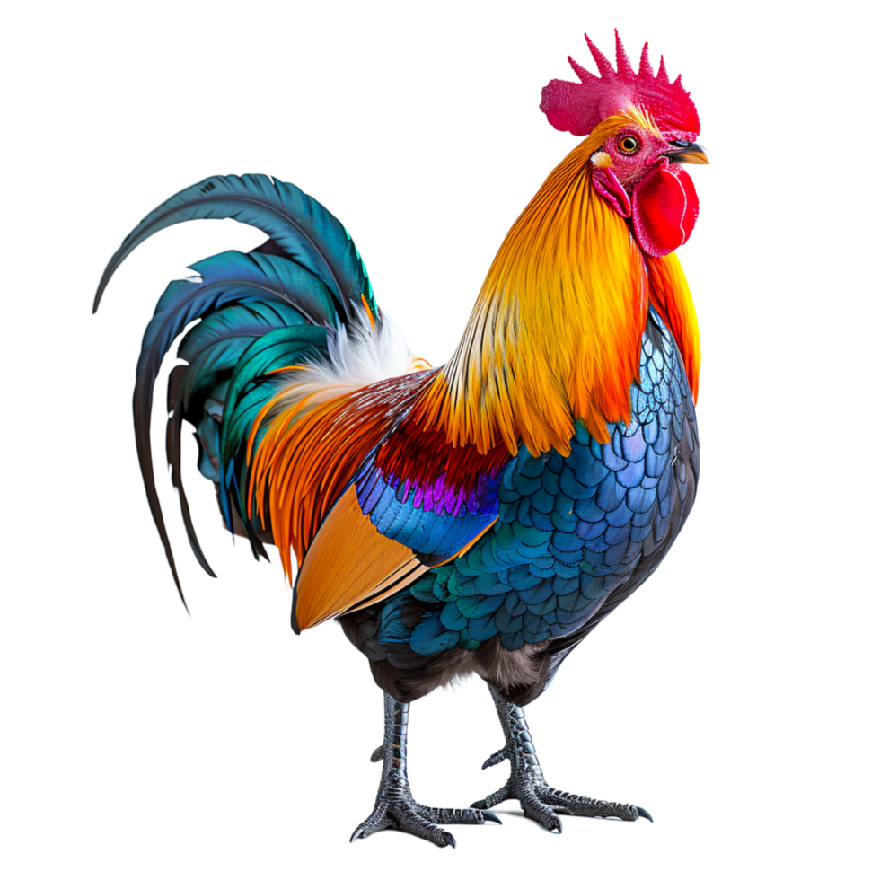 Regal Rooster Showing Vibrant Plumage in Contrasting png