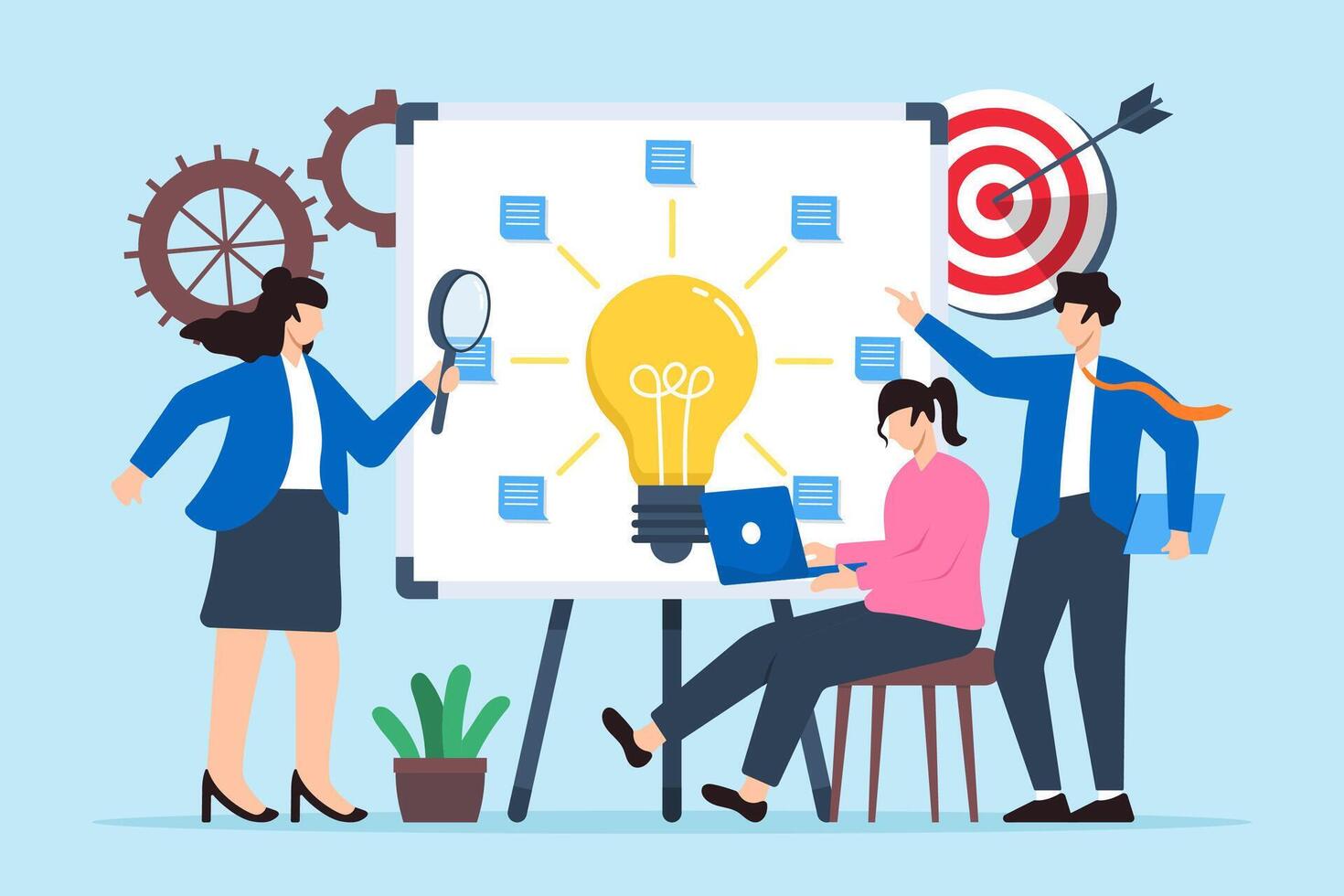 illustration of colleagues setting up innovation hub with sticky notes on whiteboard creative space vector