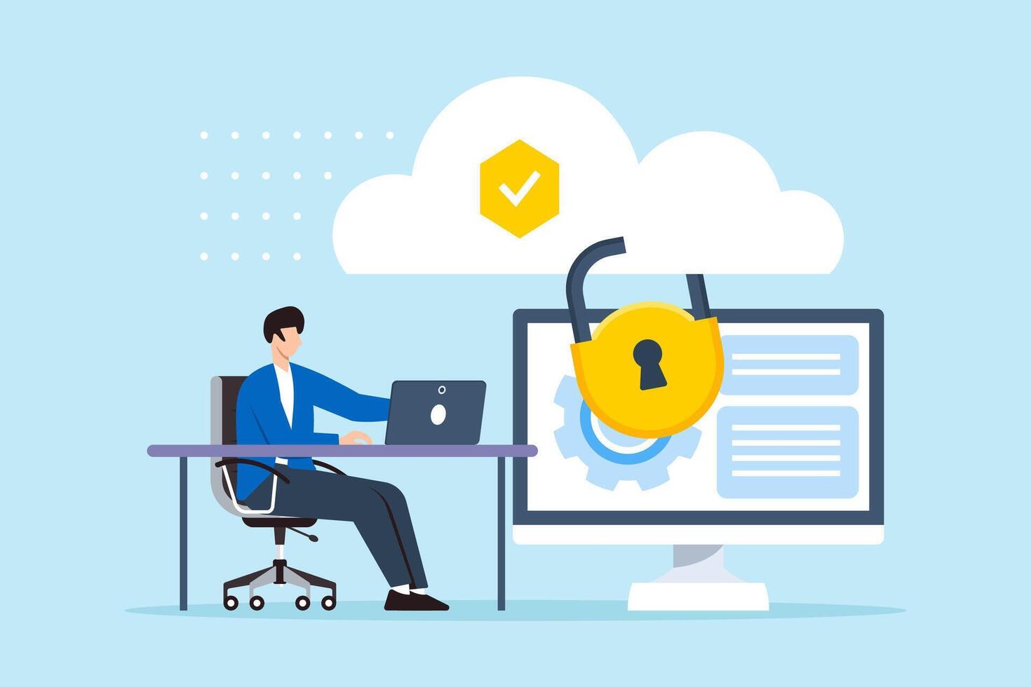 Flat illustration of man implementing cloud computing security protection and safeguarding remote data vector