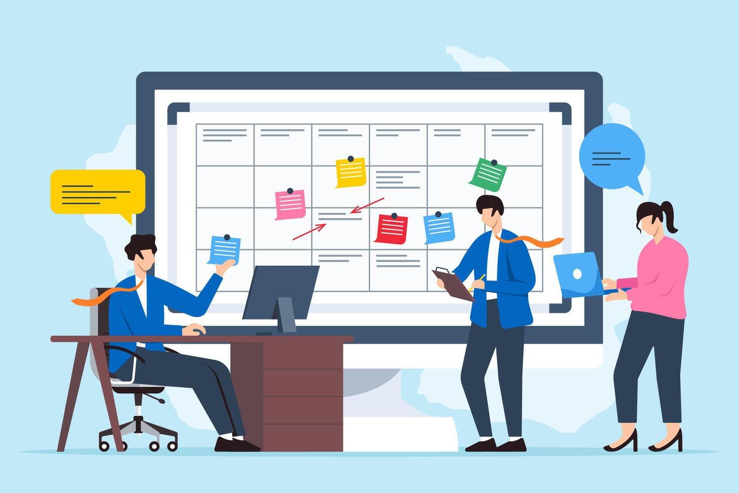 illustration of team developing remote work strategy with sticky notes on whiteboard virtual collaboration vector