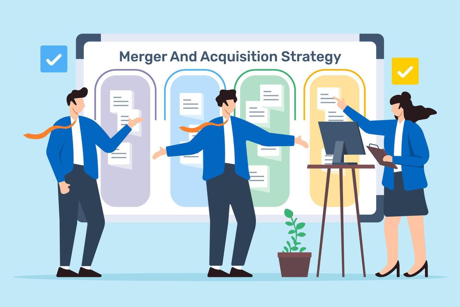 illustration of business team planning merger and acquisition strategy with sticky notes on whiteboard vector