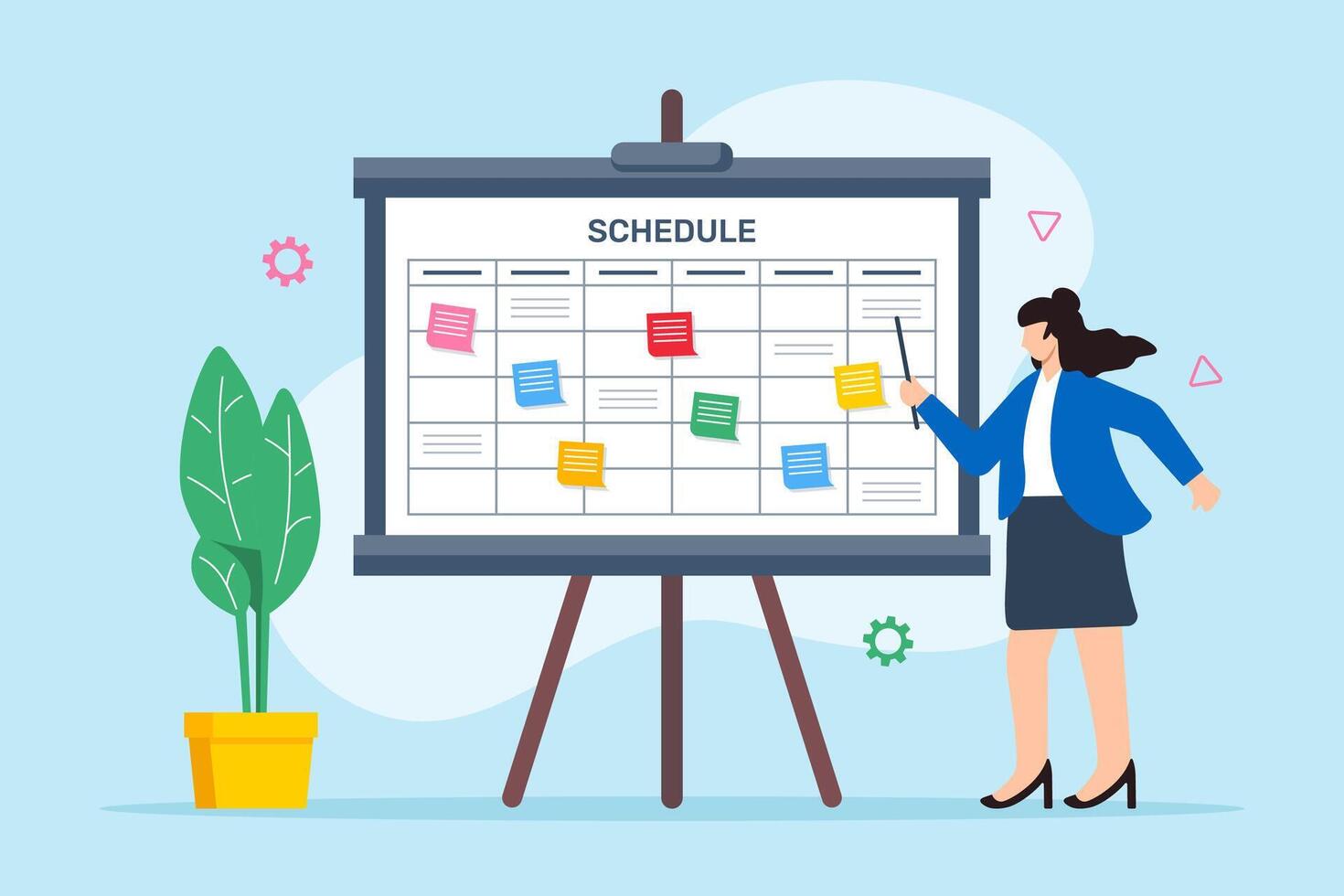 illustration of employee organizing event planning schedule with sticky notes on whiteboard task allocation vector