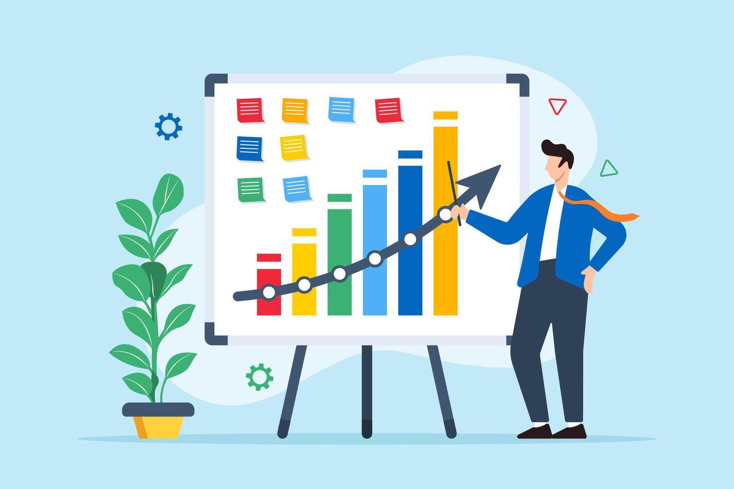 illustration of businessman outlining financial plan with sticky notes on whiteboard budgeting strategy vector