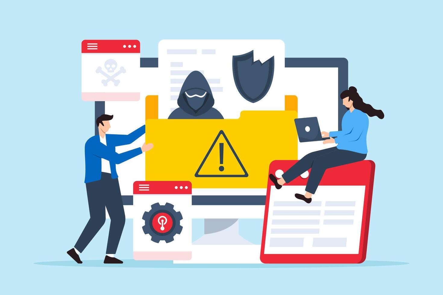 Flat illustration of two people handling data breach incident crisis management and recovering from attacks vector