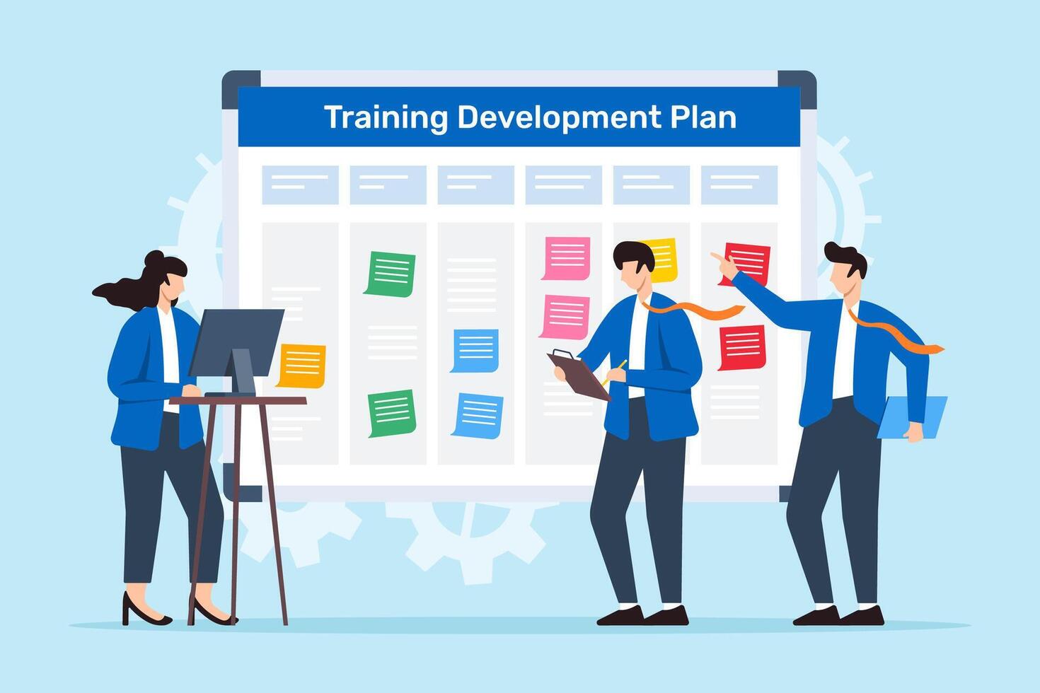 illustration of colleagues working together to create training and development plan with sticky notes on whiteboard vector