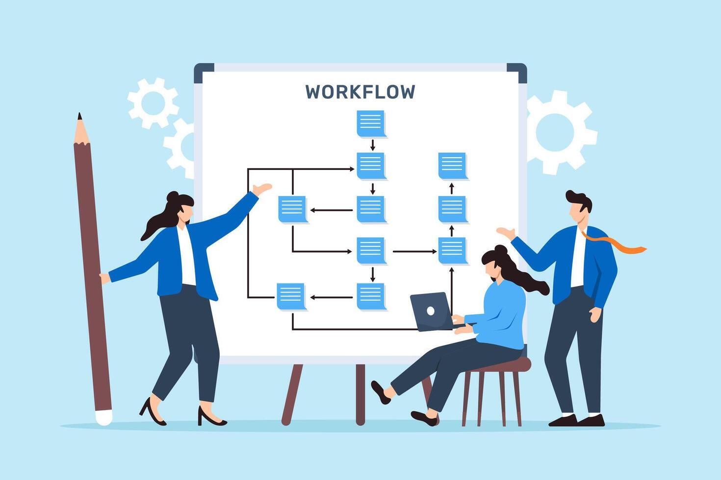 illustration of team members designing workflow process with sticky notes on whiteboard efficiency optimization vector
