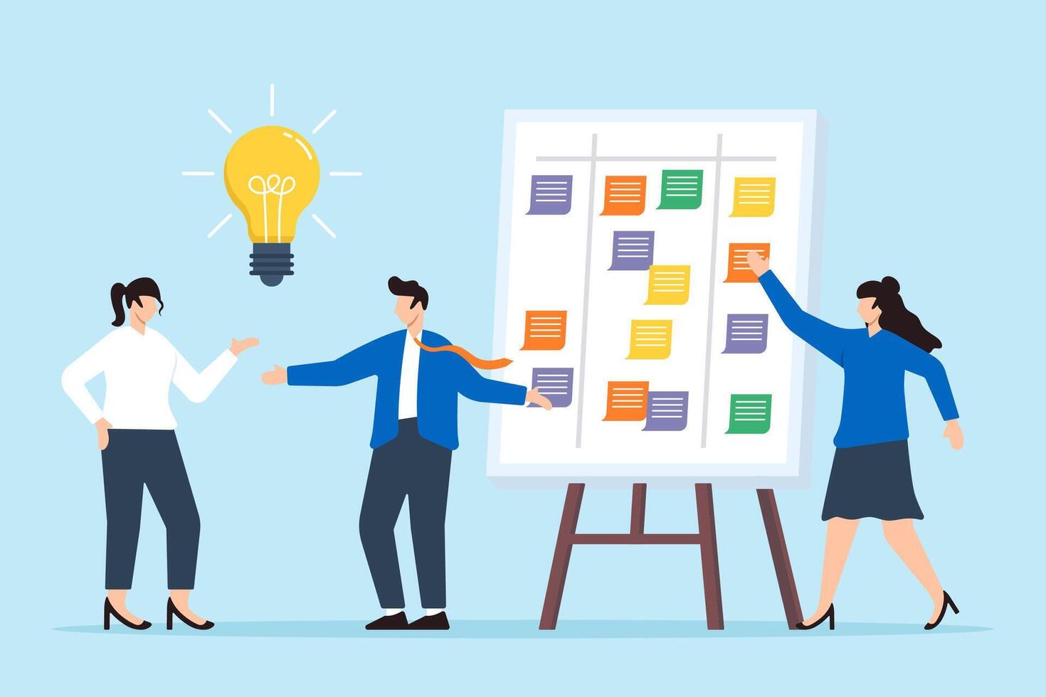 illustration of team brainstorming with sticky notes on whiteboard creative problem solving vector