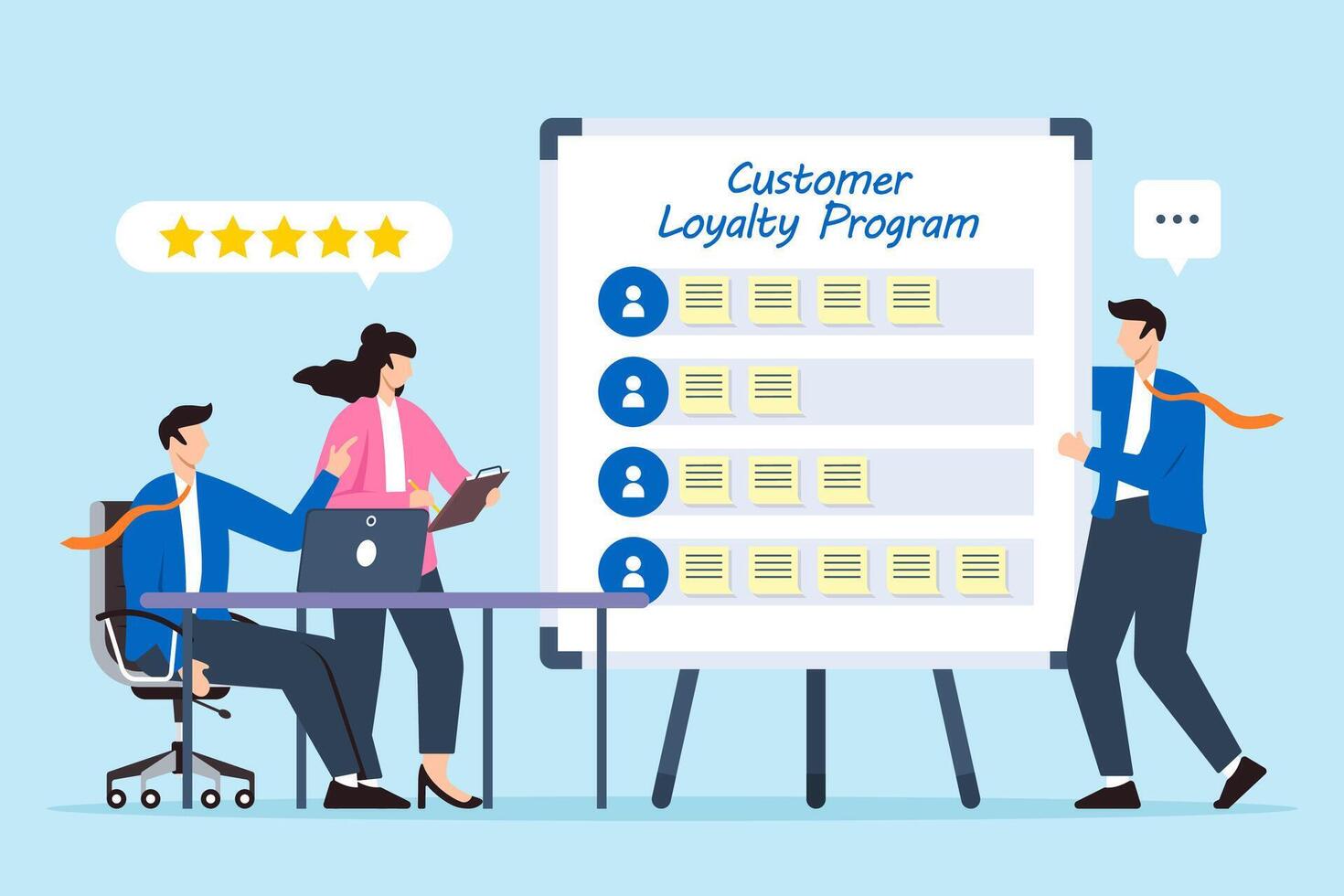 illustration of business team meeting discussing loyalty program with sticky notes on whiteboard vector