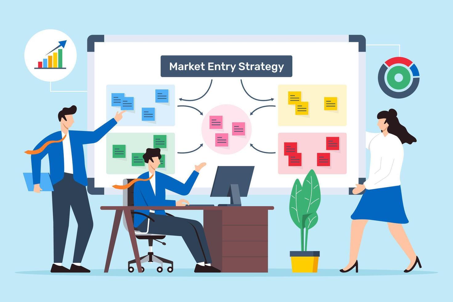 illustration of business people planning market entry strategy with sticky notes on whiteboard geographic expansion vector