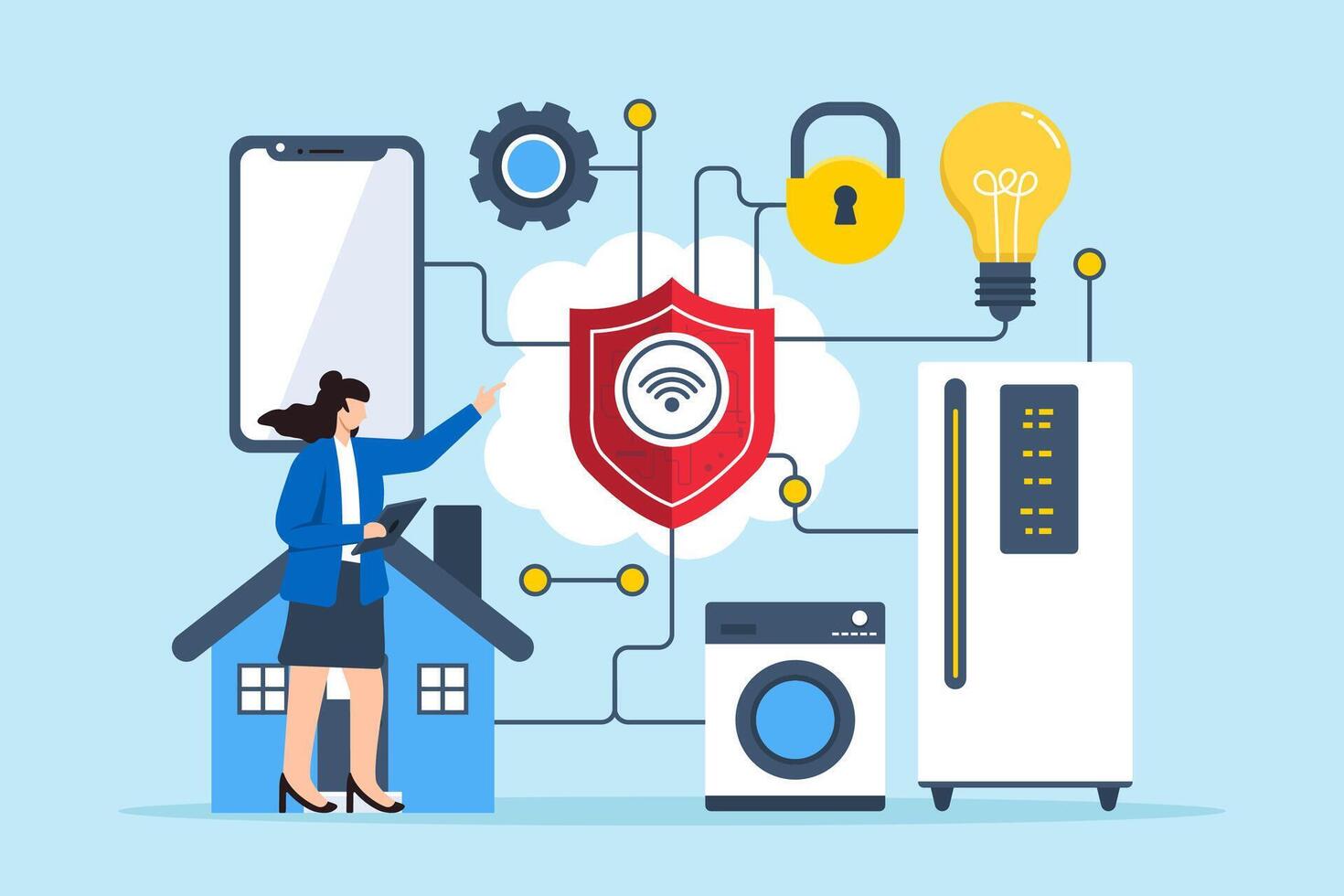 Flat illustration of woman managing IoT security internet of things protection vector
