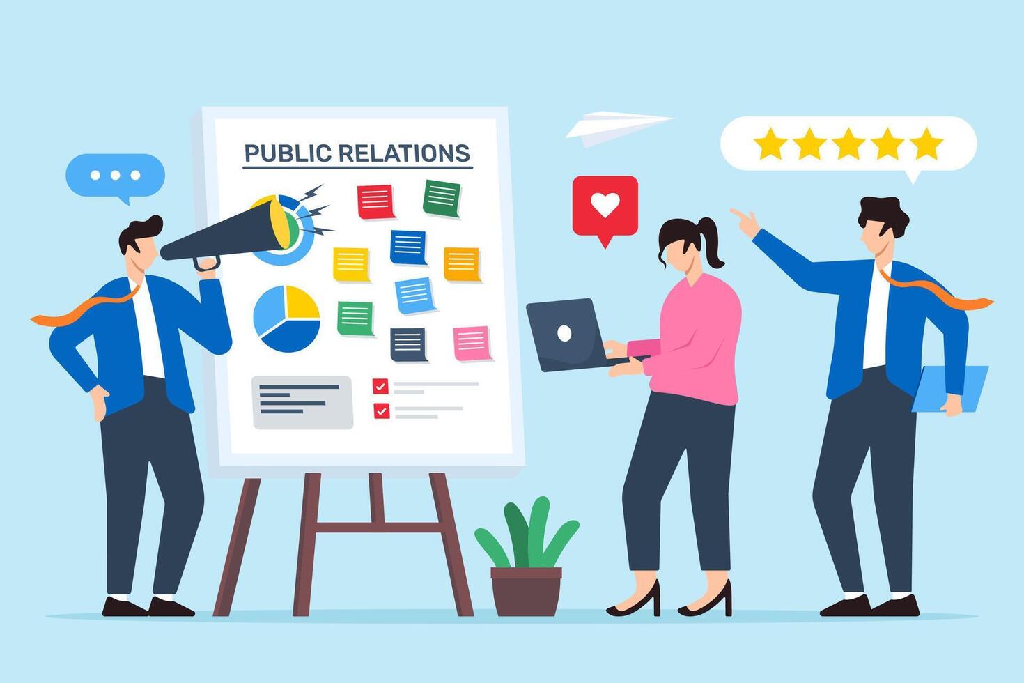 illustration of team organizing public relations strategy with sticky notes on whiteboard PR planning vector