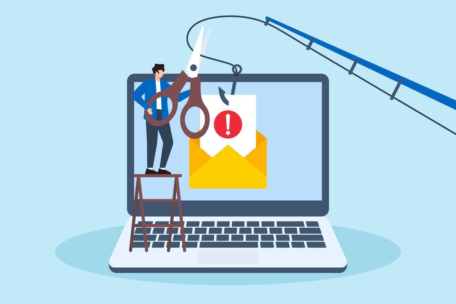 Flat illustration of man with scissors cuts phishing email on laptop screen cyber awareness and fraud protection vector