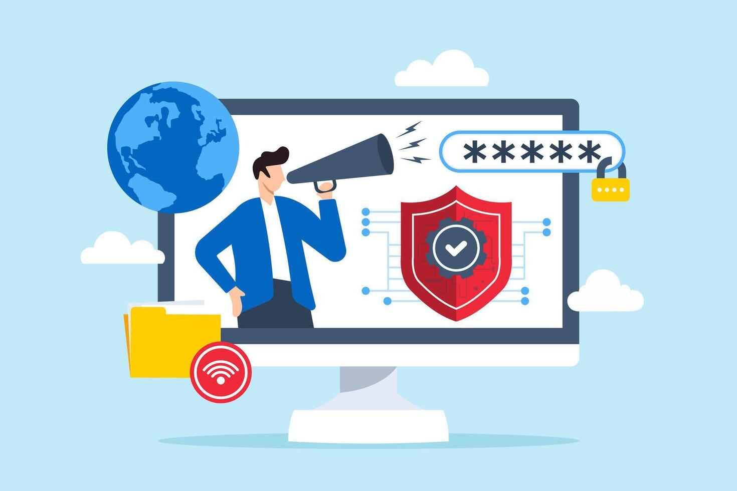 Flat illustration of man developing cybersecurity awareness campaigns and promoting security practices vector