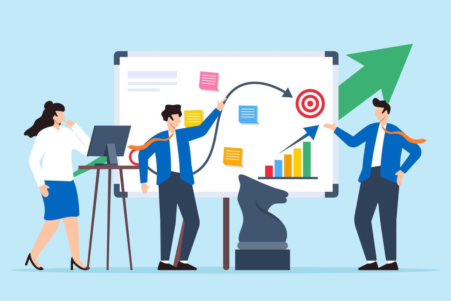 illustration of team developing sales strategy with sticky notes on whiteboard revenue growth vector