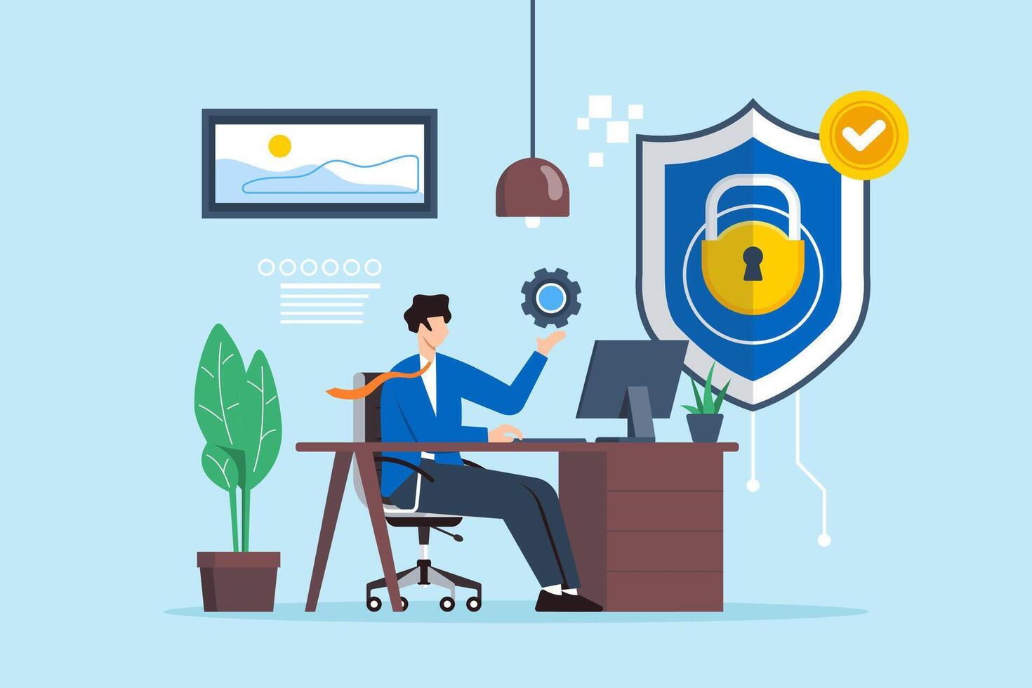 Flat illustration of man managing cybersecurity for remote work telecommuting security vector