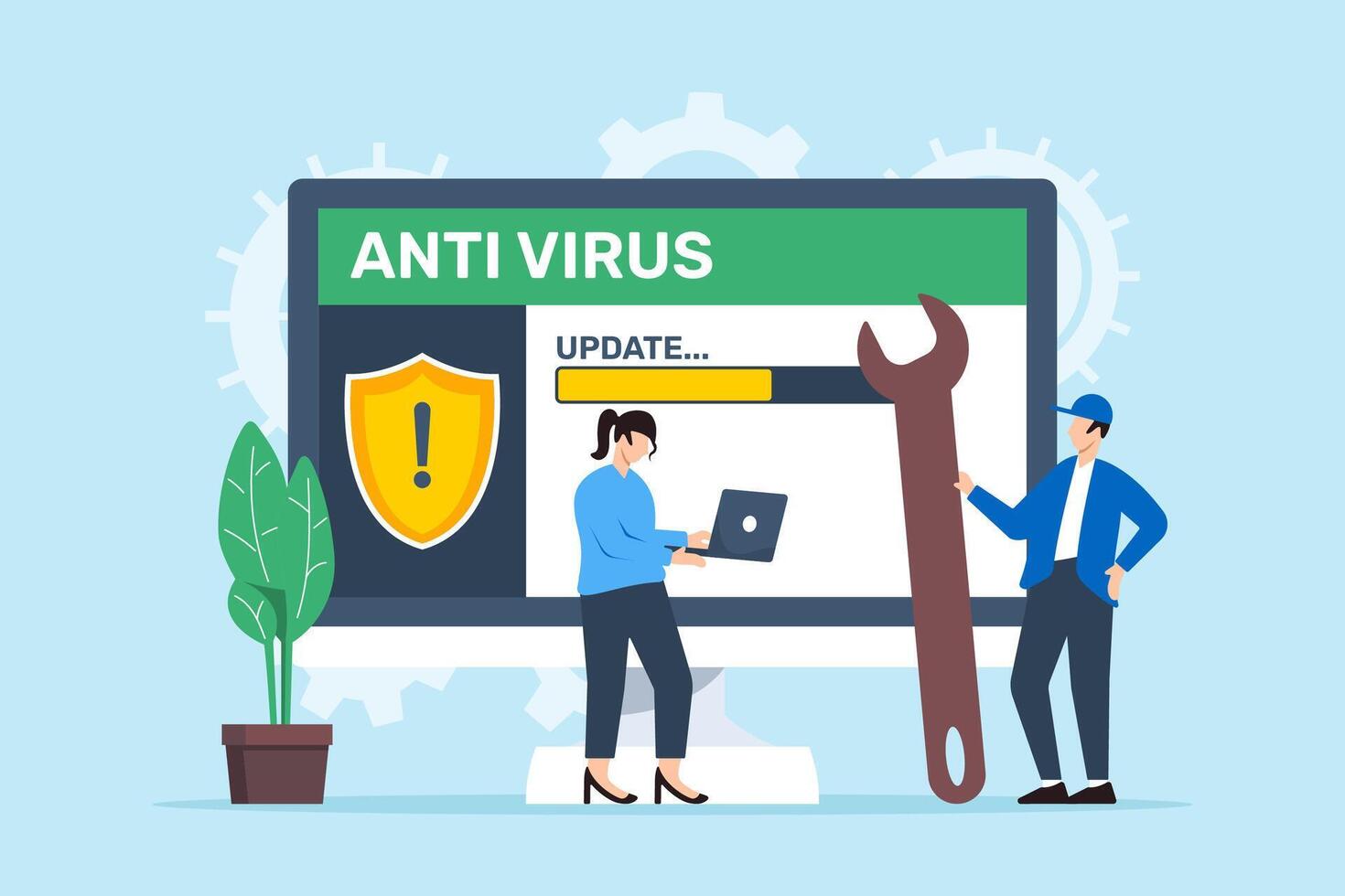 Flat illustration of two people updating antivirus software malware protection and preventing cyber threats vector
