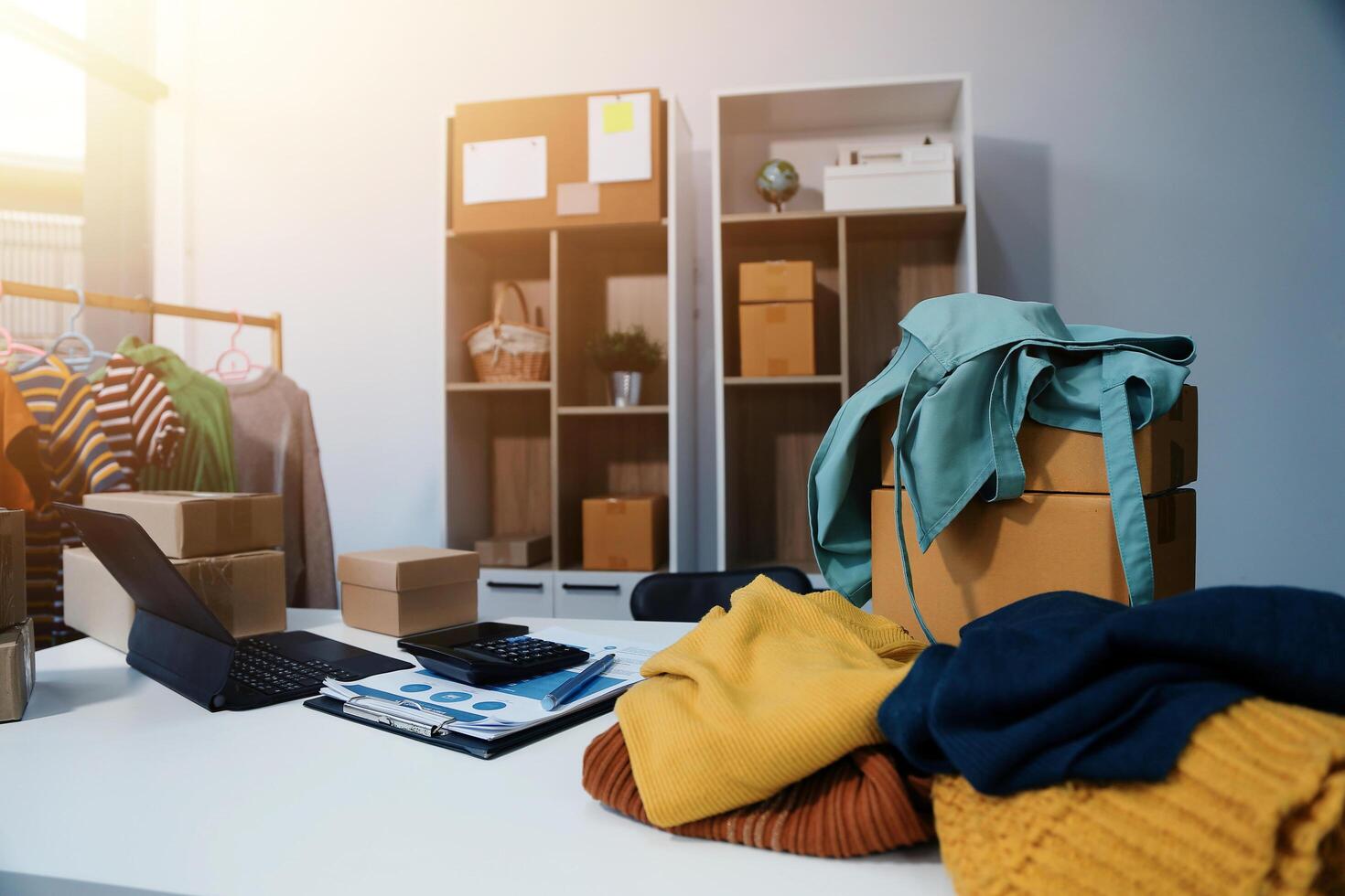 vlogger blogger small SME business asian beautiful woman using mobile phone call for sell clothes live stream selling online, show product present detail at home office, entrepreneur ecommerce photo