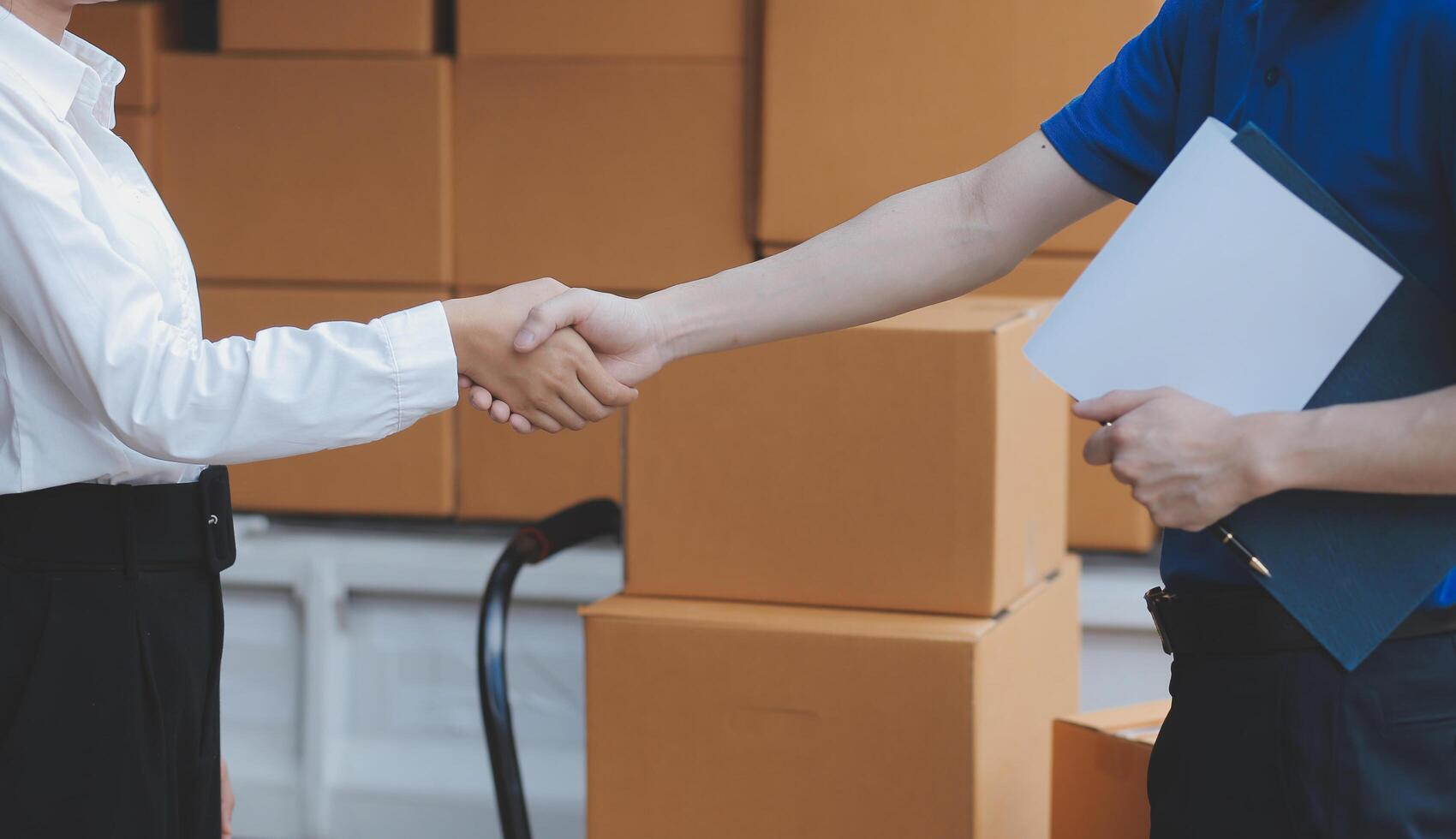 Truck Mover Unloading Van Carrying Boxes And Moving House photo