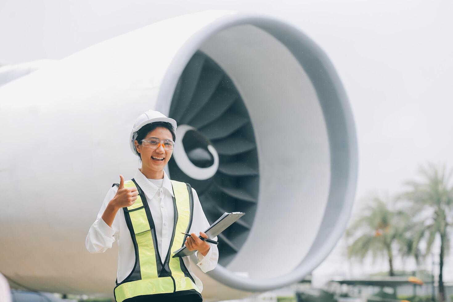 Technician fixing the engine of the airplane,Female aerospace engineering checking aircraft engines,Asian mechanic maintenance inspects plane engine photo