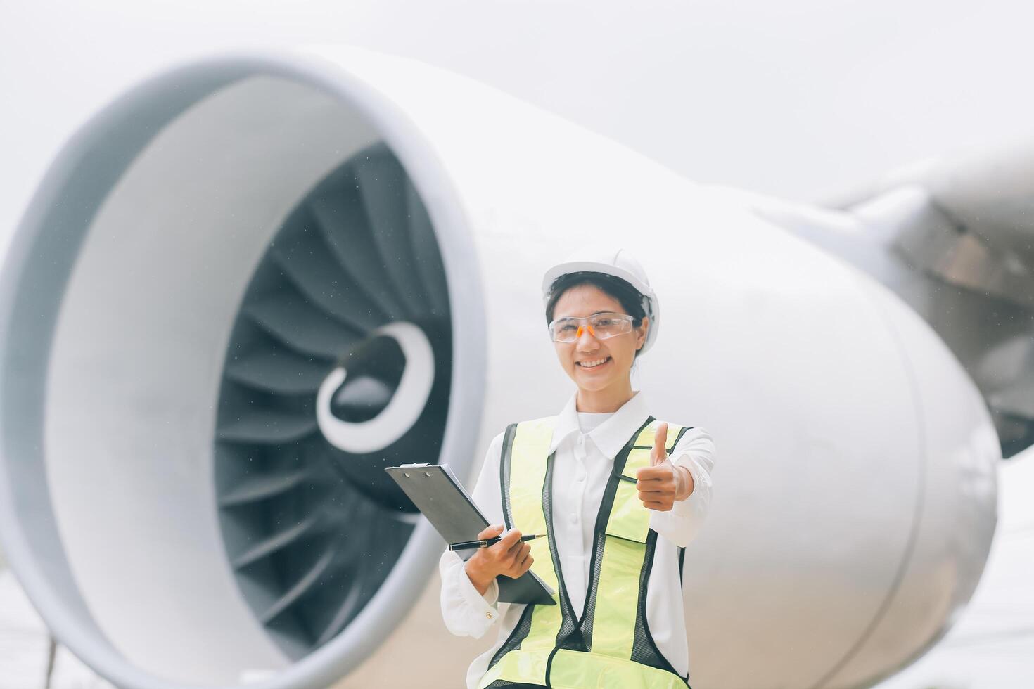 Technician fixing the engine of the airplane,Female aerospace engineering checking aircraft engines,Asian mechanic maintenance inspects plane engine photo