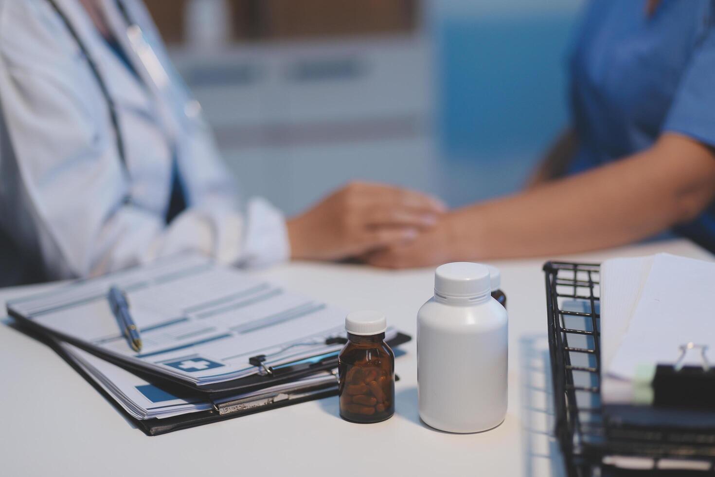 It will be all right. Close up view of female doctor gp hands hold caress palms of woman patient. Young lady general practitioner therapist physician comfort sick person give hope support care belief photo