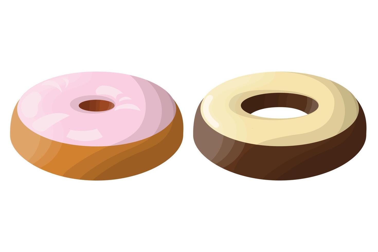 Set of donuts with glaze. Round buttery sweet pastries decorated with confectionery pamada. Delicious national American dessert. illustration isolated on white background. vector