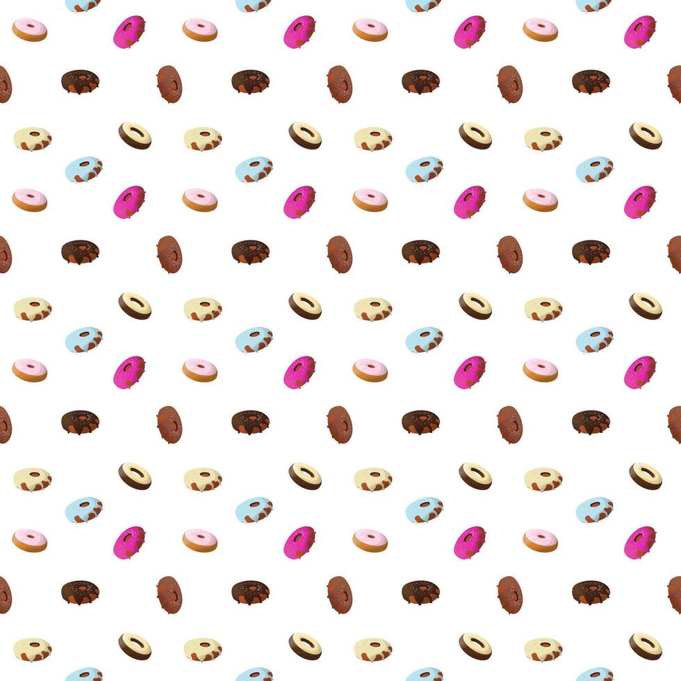 Donuts. Round buttery sweet pastries decorated with confectionery pamada. Delicious national American dessert. Seamless pattern. vector