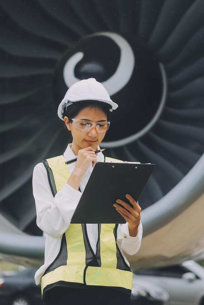 Technician fixing the engine of the airplane,Female aerospace engineering checking aircraft engines,Asian mechanic maintenance inspects plane engine photo