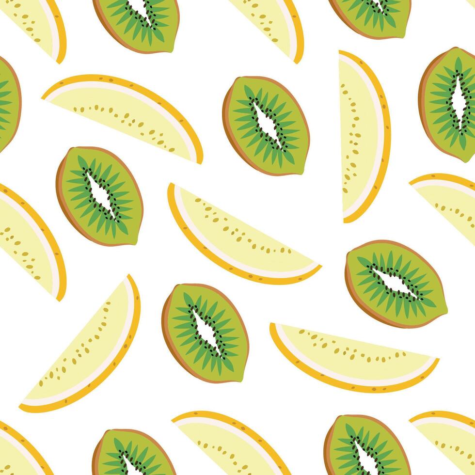 Seamless pattern with hand drawn melon and kiwi. Summer tropical background. vector