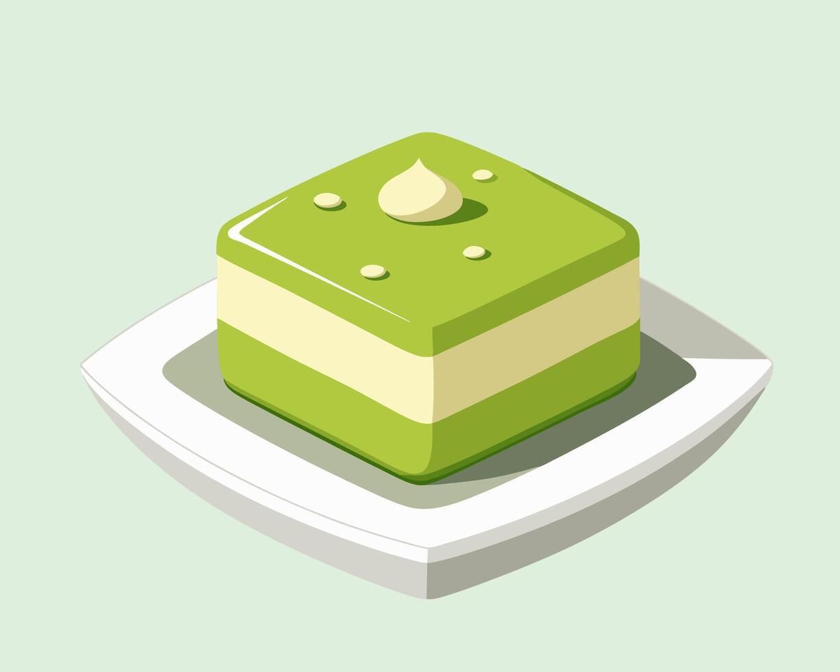 Piece of square matcha green tea layered cake on a plate. Cartoon style illustration. vector