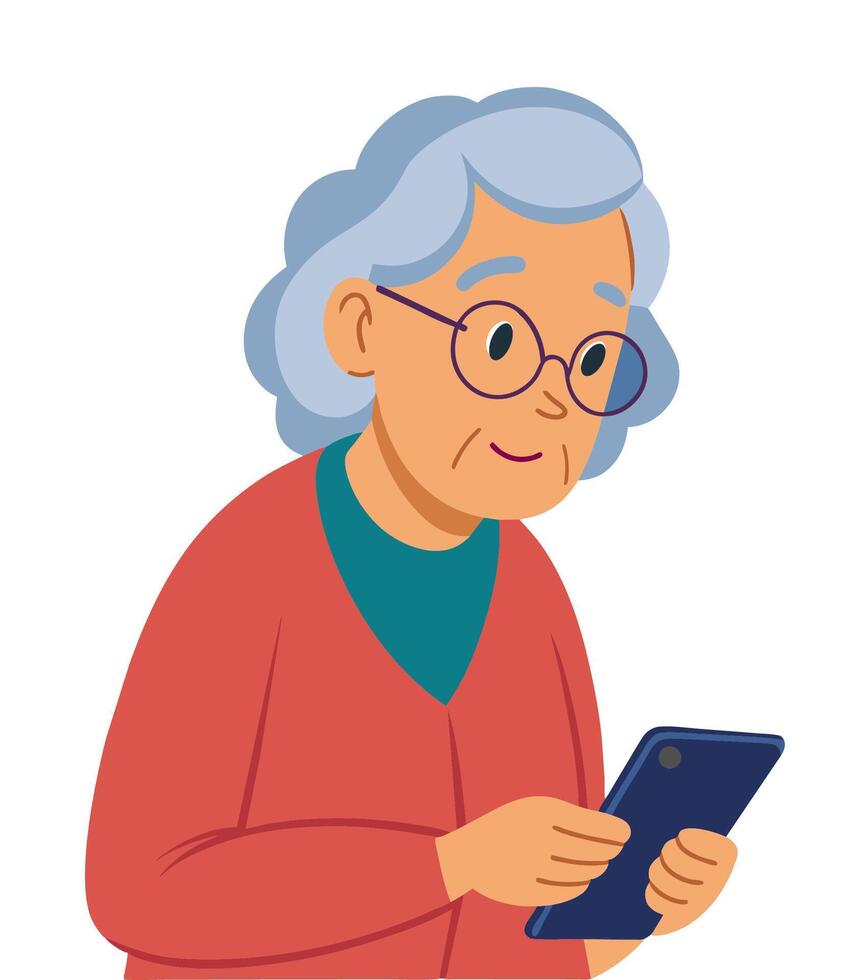 Elderly woman with glasses using smartphone. Old person messaging. vector