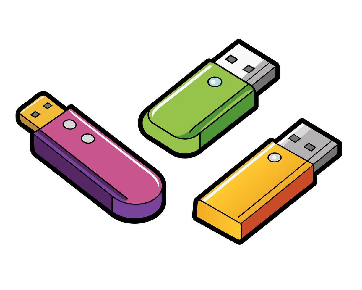 Set of hand drawn USB flash drives. Cartoon style illustration. vector