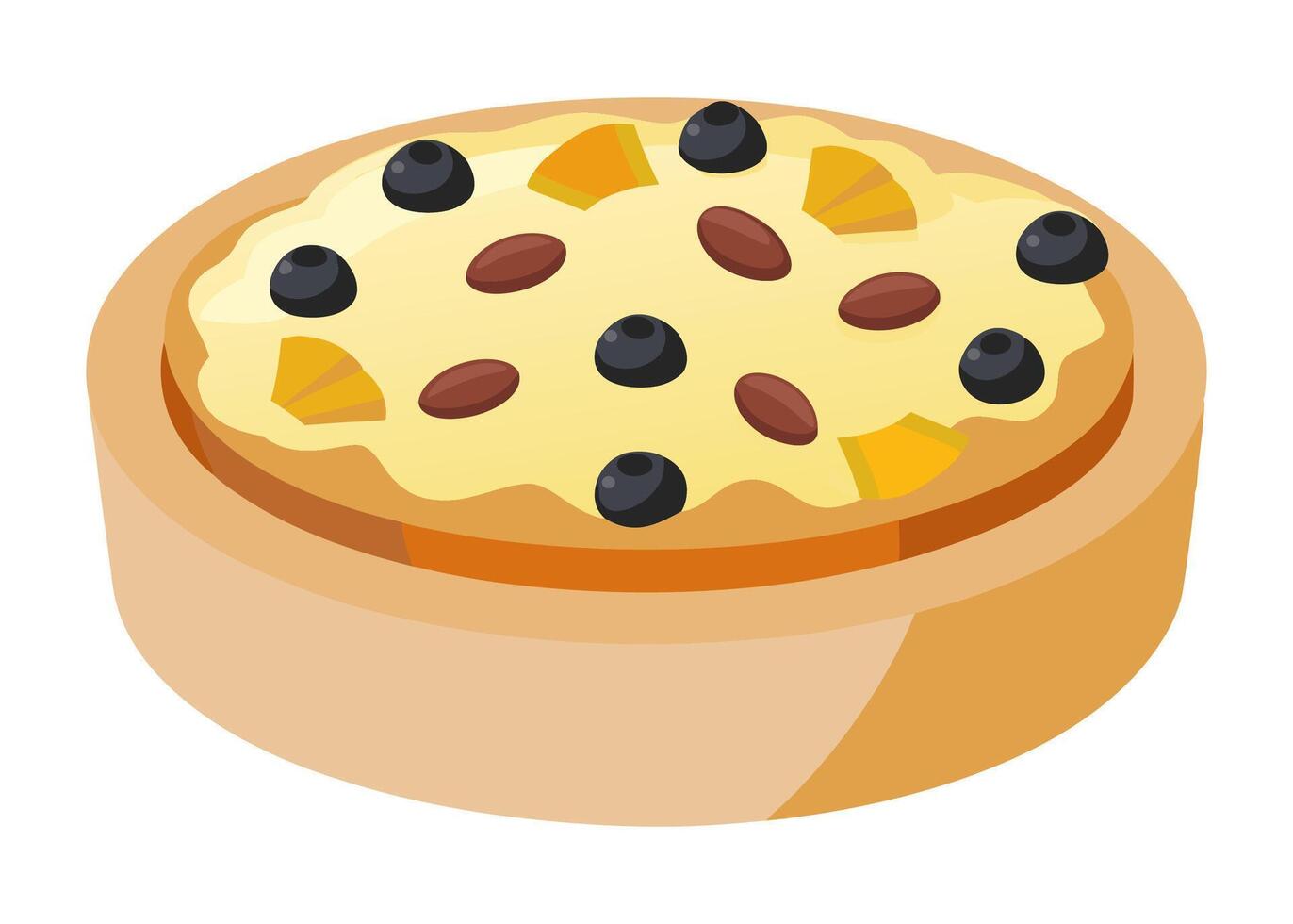 Cottage cheese casserole with blueberries, nuts and pineapple slices, isolated on a white background. Cartoon style illustration. vector