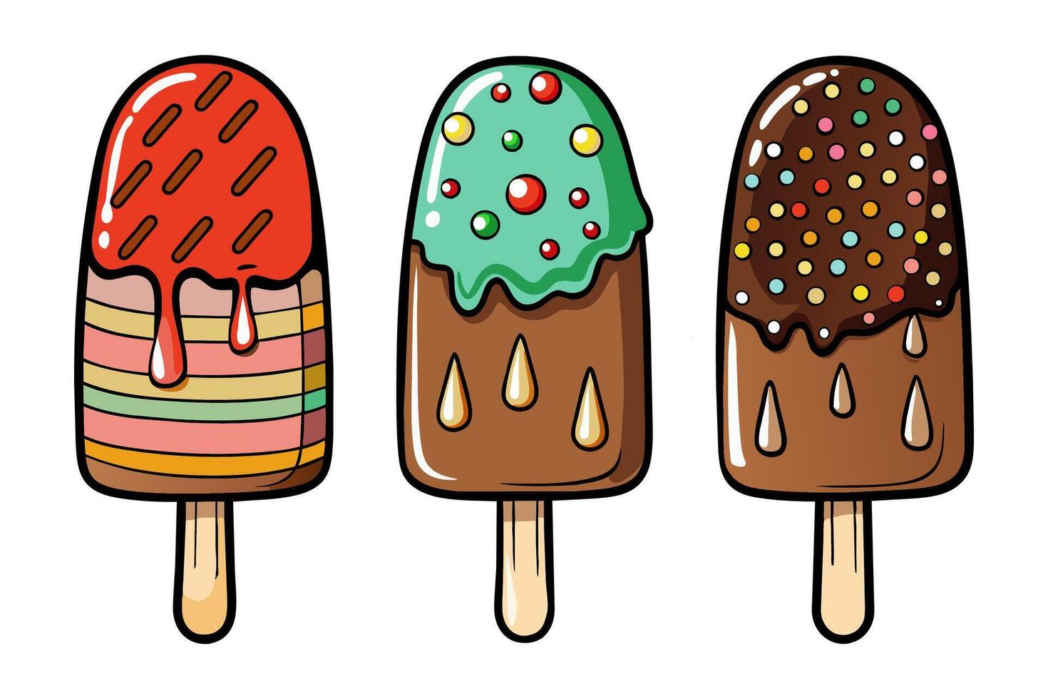Set of chocolate and berry ice lolly. Sweet ice cream on a stick. Cartoon illustration. vector