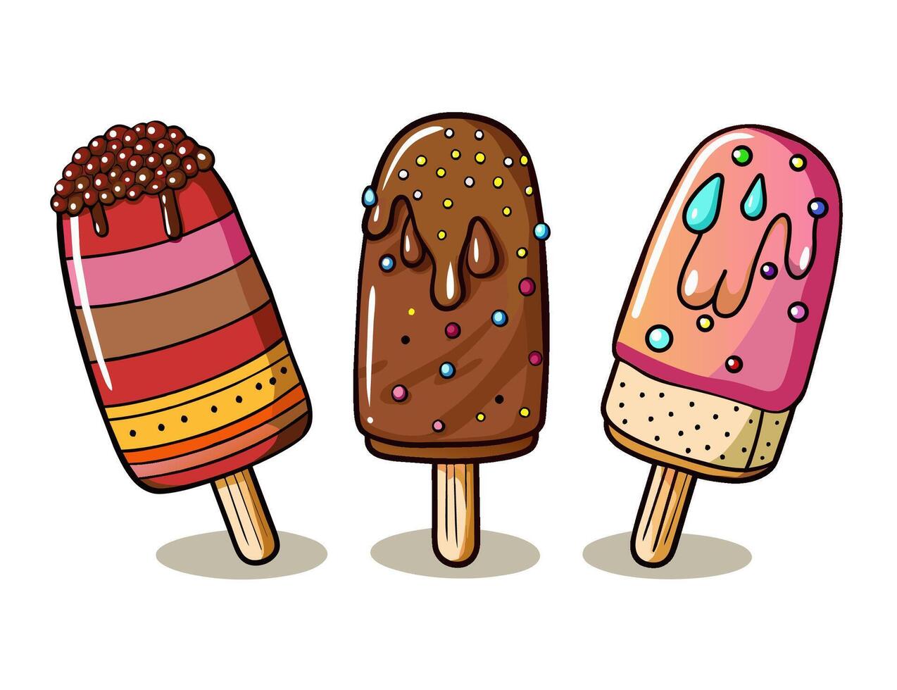Set of chocolate and berry ice lolly. Sweet ice cream on a stick. Cartoon illustration. vector