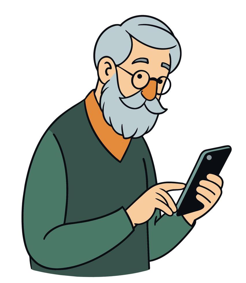 Elderly man with glasses using smartphone. Old person messaging. vector