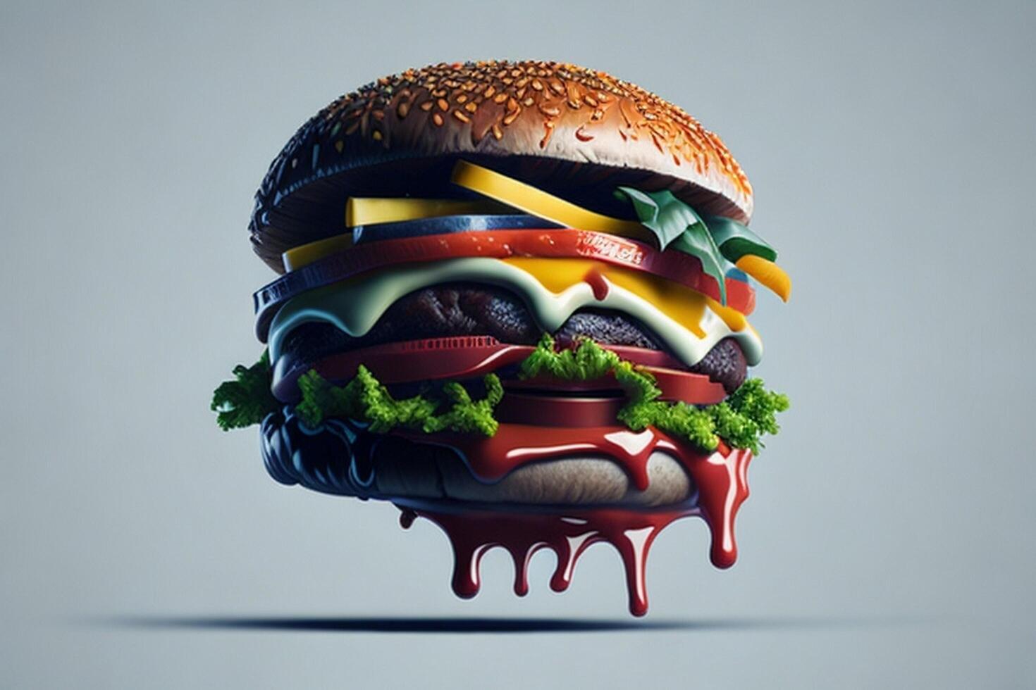 Delicious classic hot burger flying in the air, fast food photo