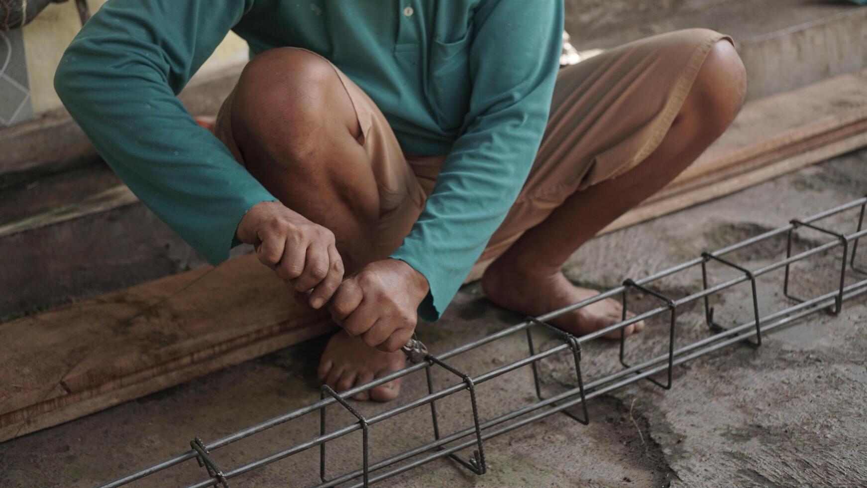 close up installing concrete steel reinforcement used for the casting process photo