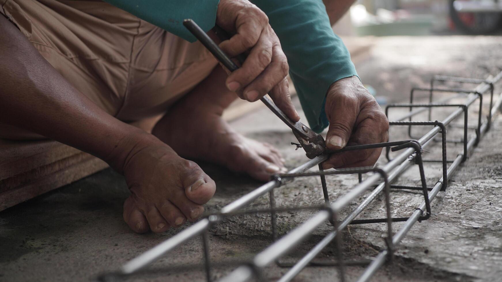 close up installing concrete steel reinforcement used for the casting process photo